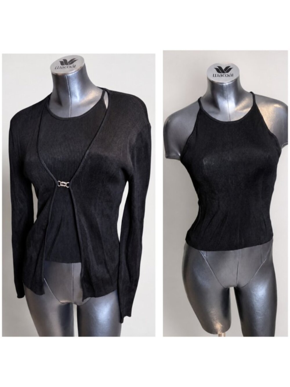 Laundry by Shelli Segal Black Ribbed Knit 2-Piece Cardigan & Tank Set Size L